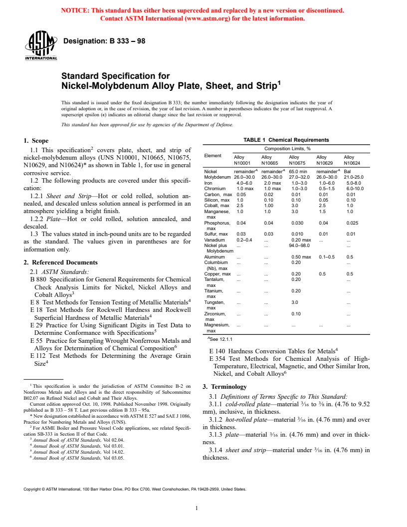 ASTM B333-98 - Standard Specification for Nickel-Molybdenum Alloy Plate, Sheet, and Strip