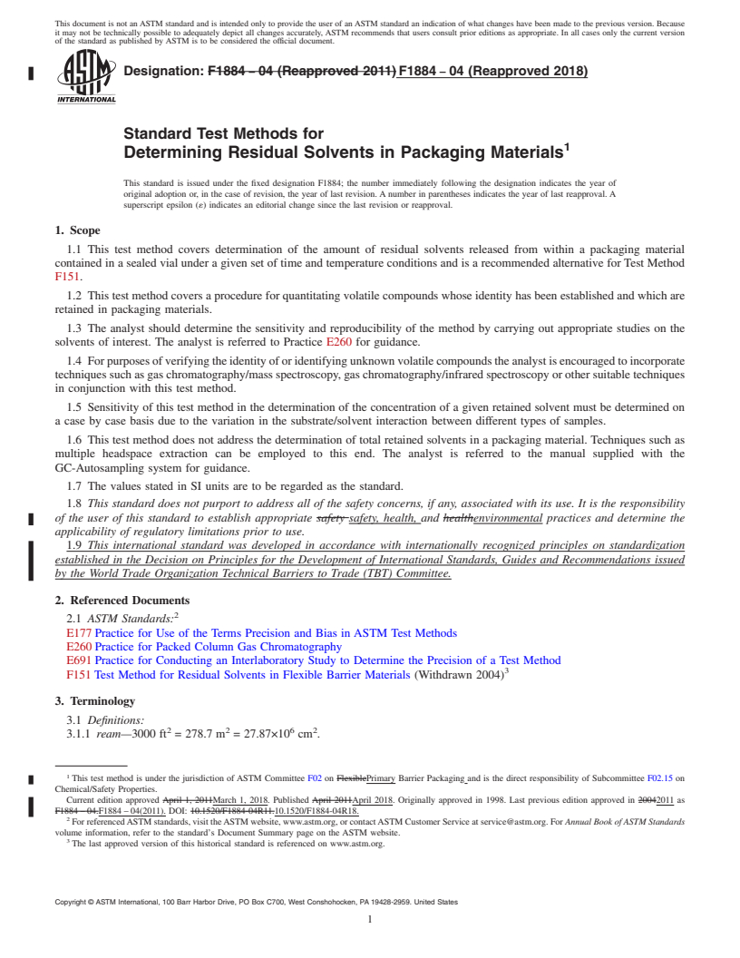 REDLINE ASTM F1884-04(2018) - Standard Test Methods for  Determining Residual Solvents in Packaging Materials