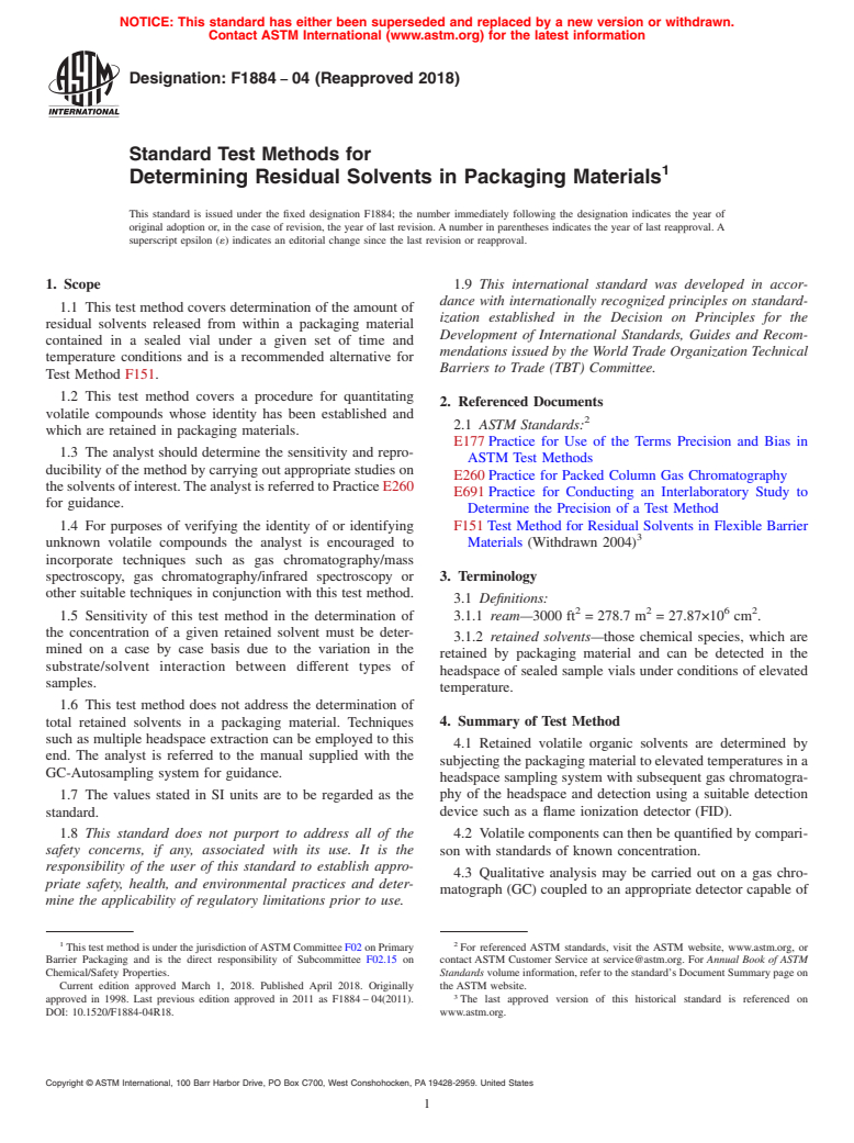 ASTM F1884-04(2018) - Standard Test Methods for  Determining Residual Solvents in Packaging Materials