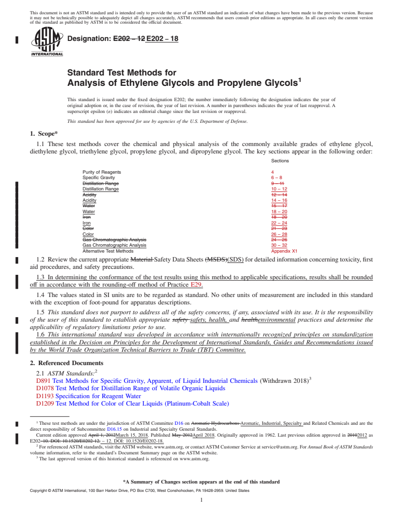 REDLINE ASTM E202-18 - Standard Test Methods for Analysis of Ethylene Glycols and Propylene Glycols