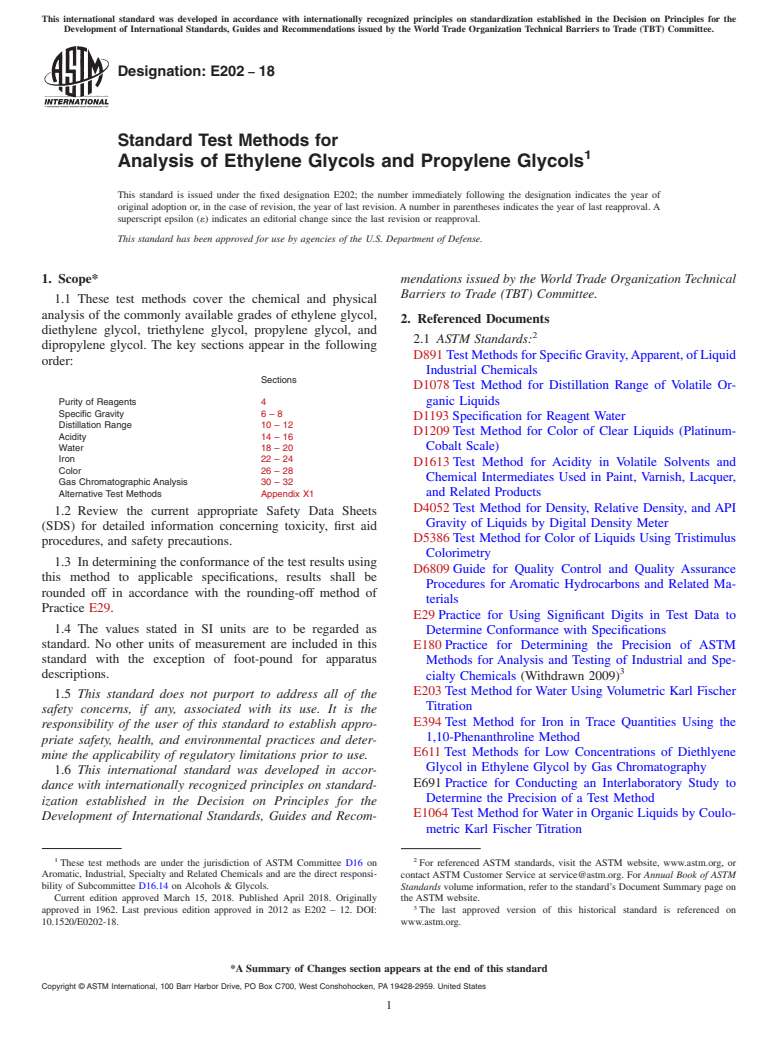 ASTM E202-18 - Standard Test Methods for Analysis of Ethylene Glycols and Propylene Glycols