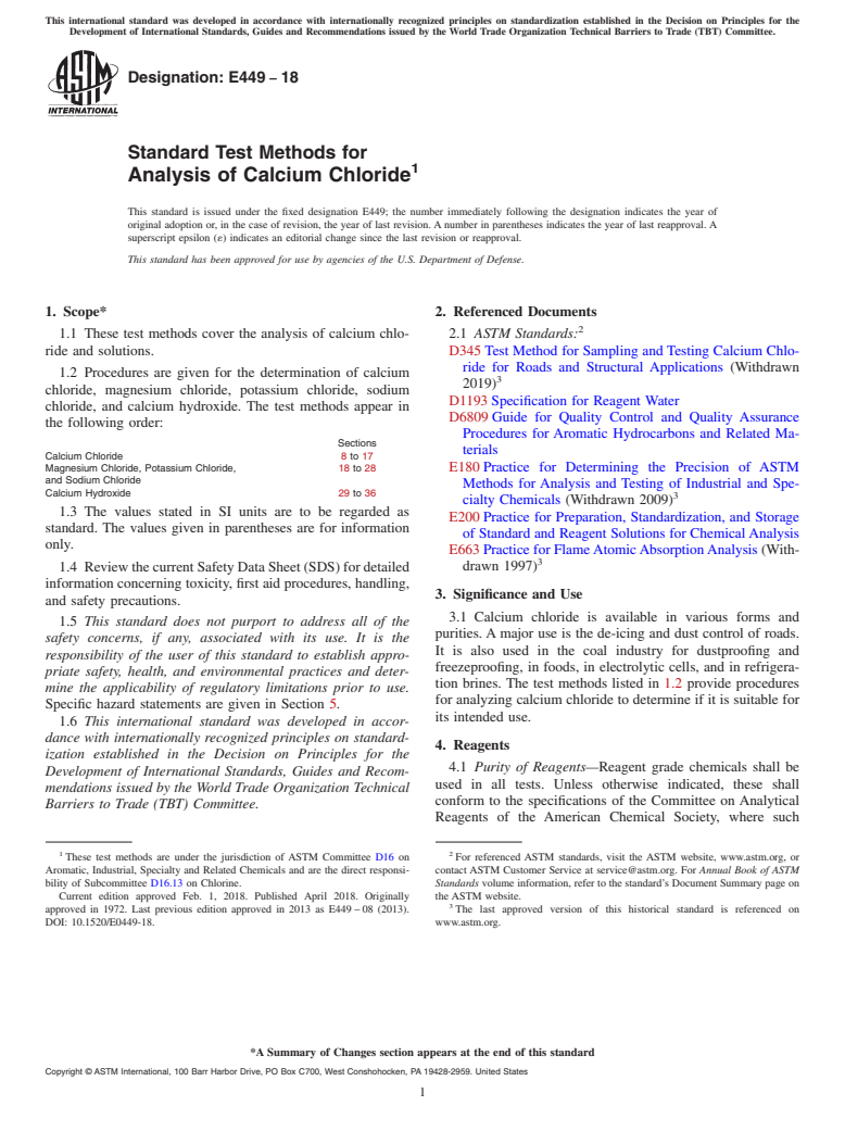 ASTM E449-18 - Standard Test Methods for Analysis of Calcium Chloride