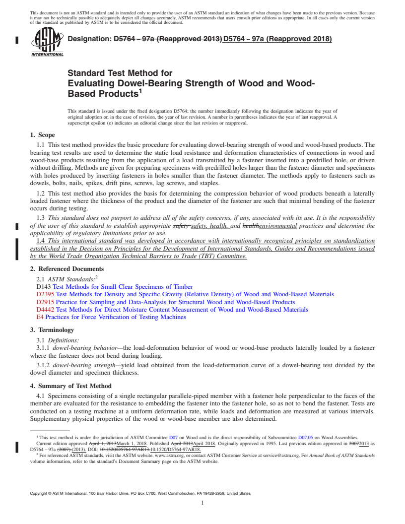 REDLINE ASTM D5764-97a(2018) - Standard Test Method for  Evaluating Dowel-Bearing Strength of Wood and Wood-Based Products