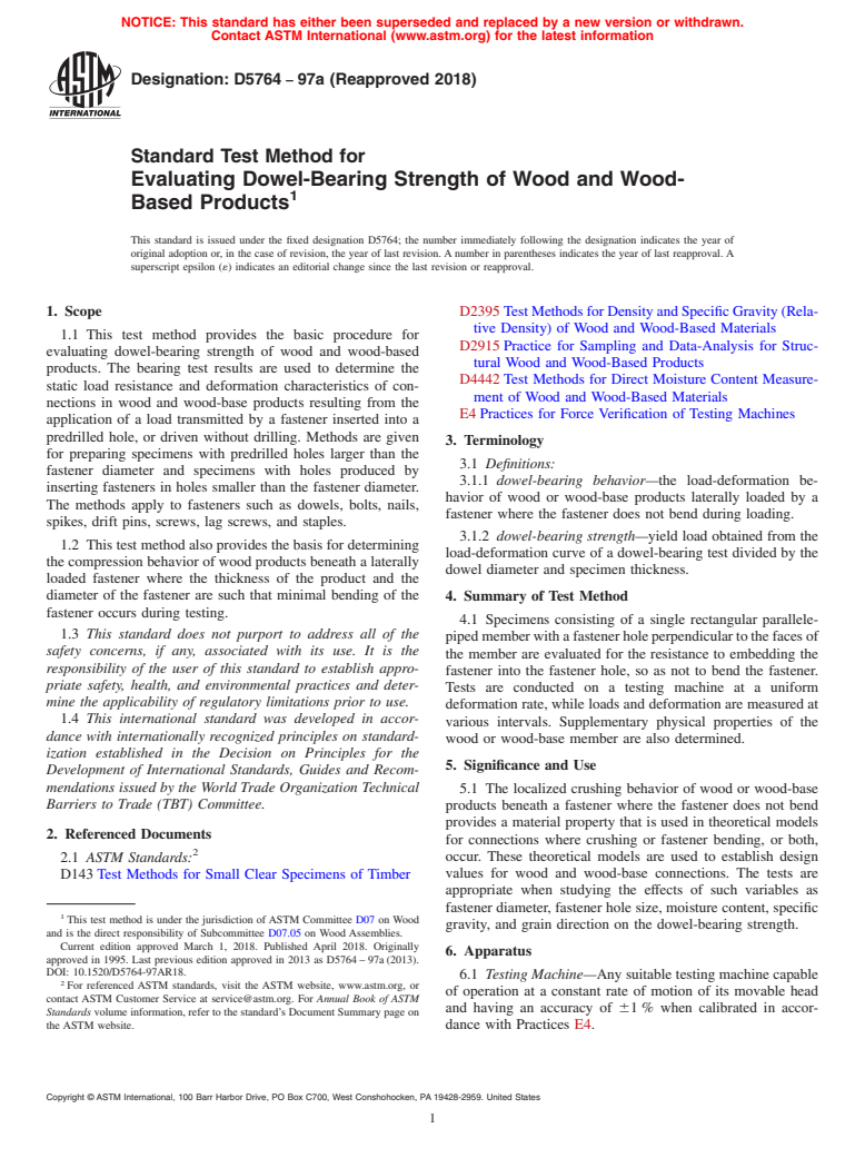 ASTM D5764-97a(2018) - Standard Test Method for  Evaluating Dowel-Bearing Strength of Wood and Wood-Based Products