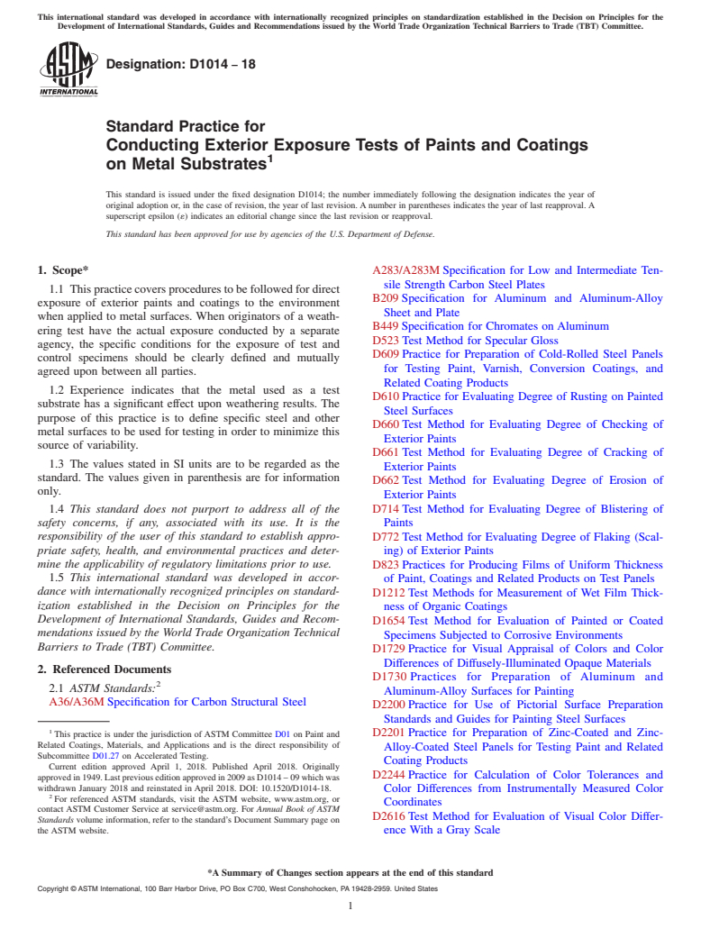 ASTM D1014-18 - Standard Practice for  Conducting Exterior Exposure Tests of Paints and Coatings on  Metal Substrates