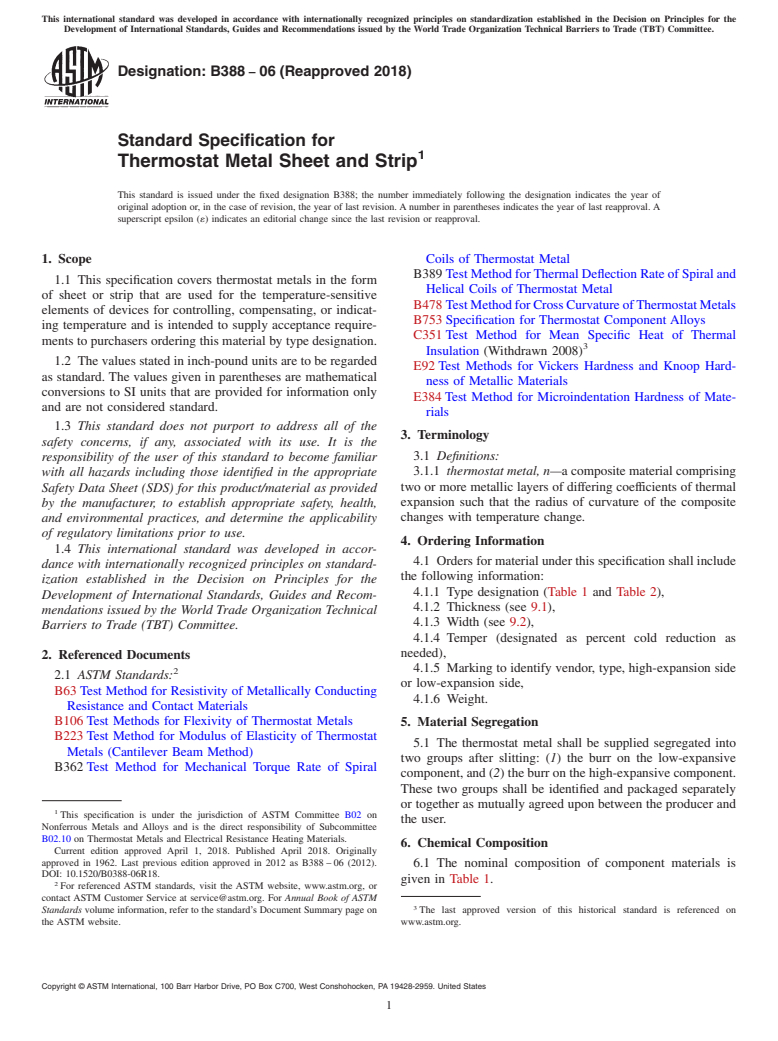 ASTM B388-06(2018) - Standard Specification for Thermostat Metal Sheet and Strip