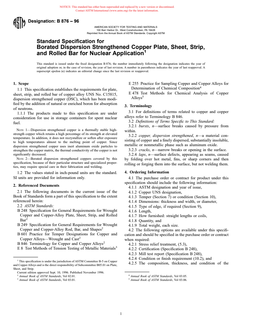 ASTM B876-96 - Standard Specification for Borated Dispersion Strengthened Copper Plate, Sheet, Strip, and Rolled Bar for Nuclear Application (Withdrawn 2002)