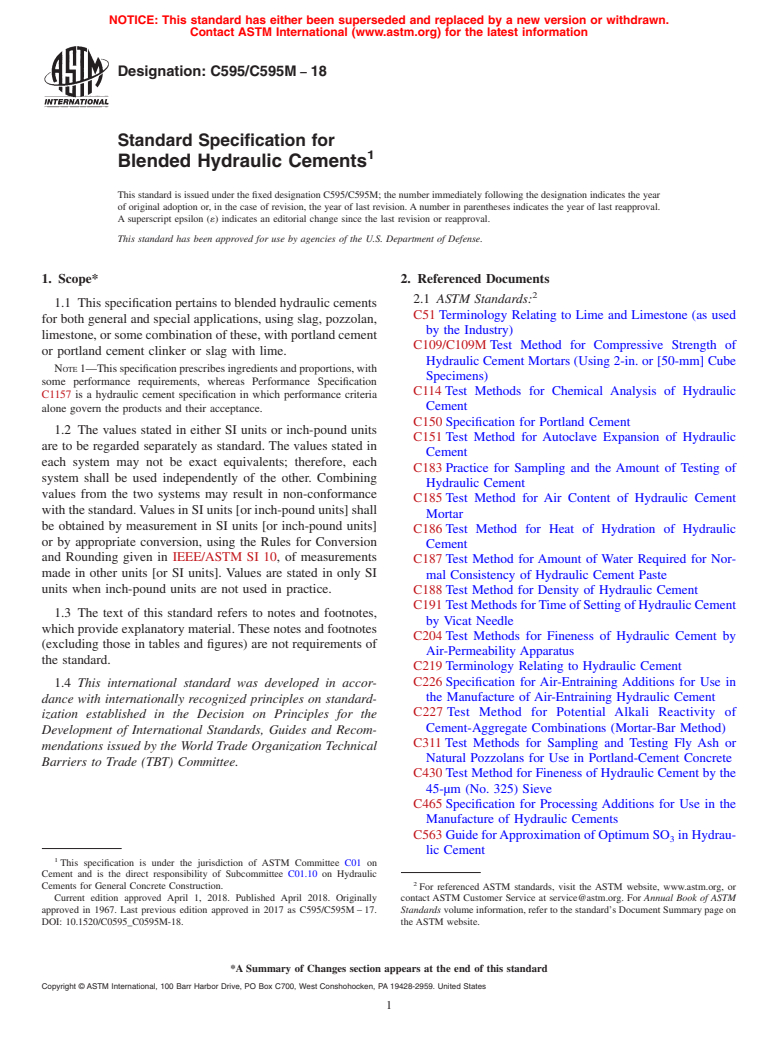 ASTM C595/C595M-18 - Standard Specification for Blended Hydraulic Cements