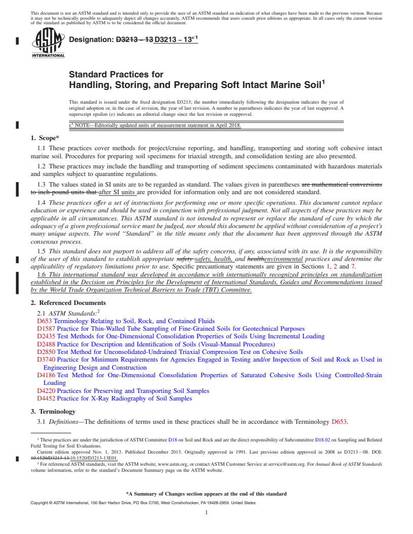 REDLINE ASTM D3213-13e1 - Standard Practices for  Handling, Storing, and Preparing Soft Intact Marine Soil