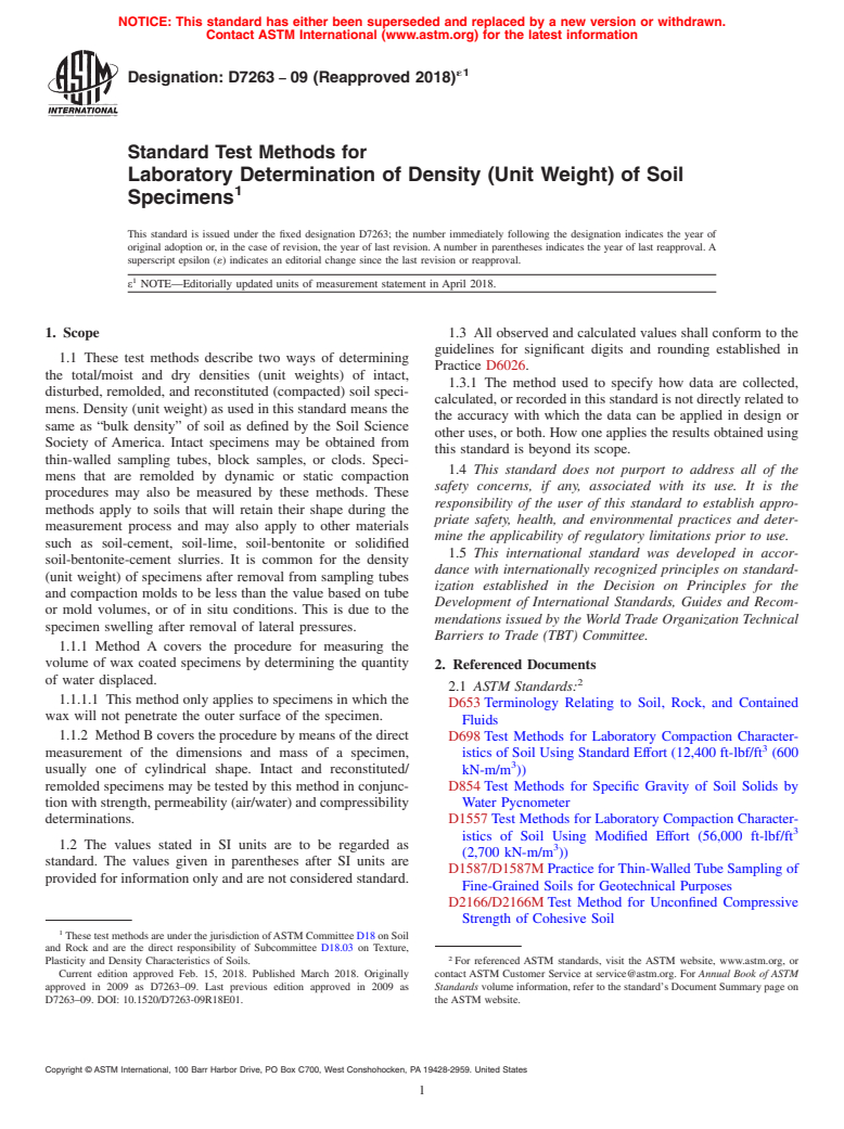 ASTM D7263-09(2018)e1 - Standard Test Methods for Laboratory Determination of Density (Unit Weight) of Soil Specimens