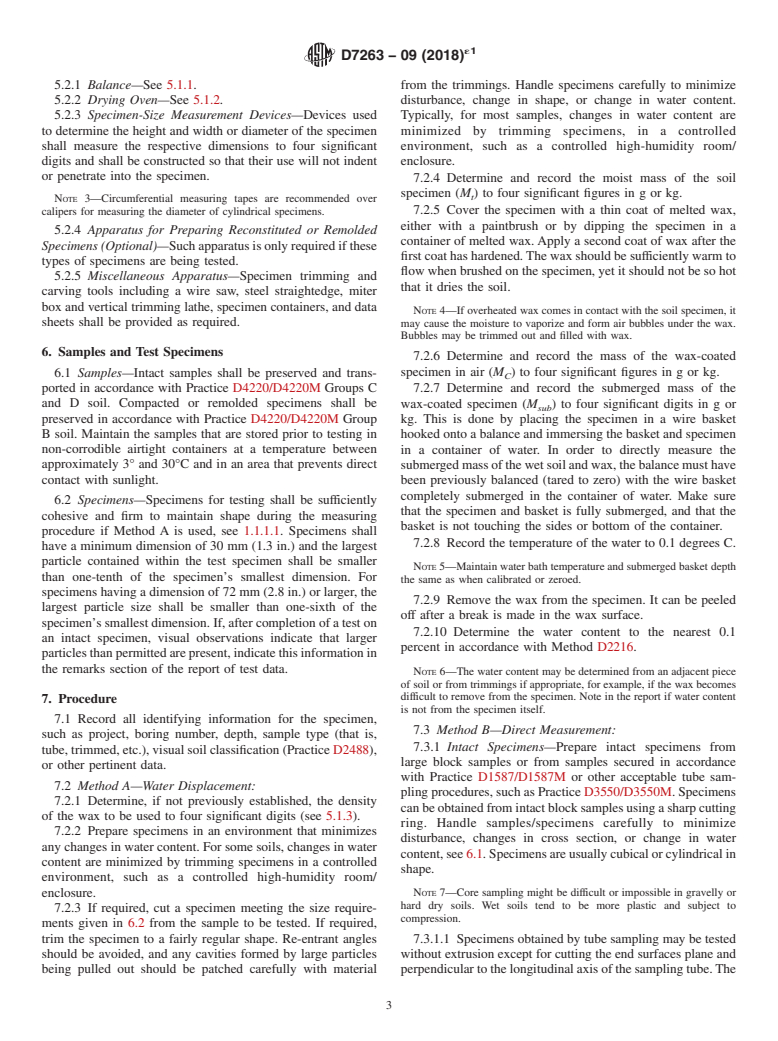 ASTM D7263-09(2018)e1 - Standard Test Methods for Laboratory Determination of Density (Unit Weight) of Soil Specimens