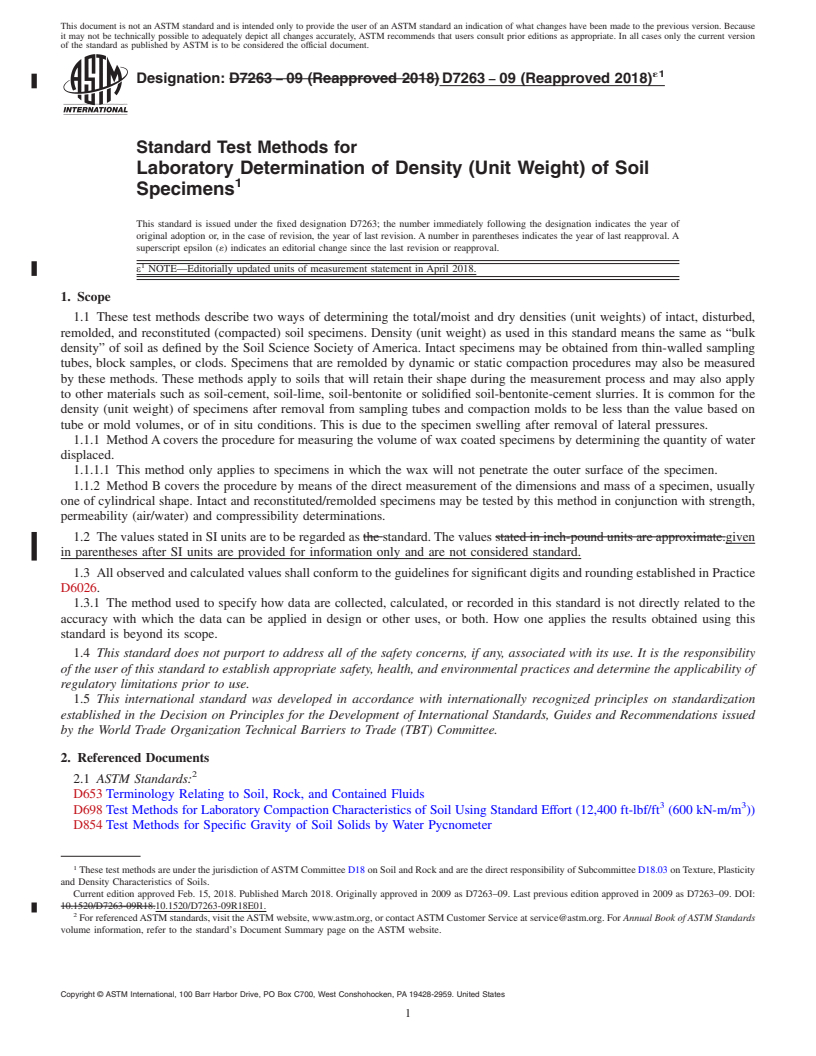 REDLINE ASTM D7263-09(2018)e1 - Standard Test Methods for Laboratory Determination of Density (Unit Weight) of Soil Specimens