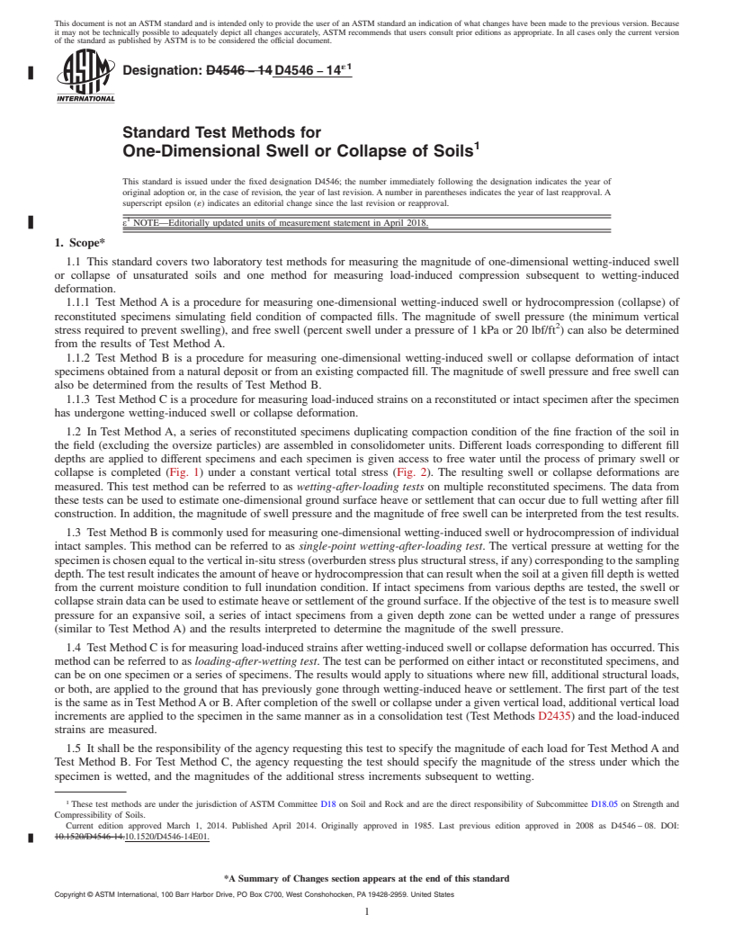 REDLINE ASTM D4546-14e1 - Standard Test Methods for  One-Dimensional Swell or Collapse of Soils