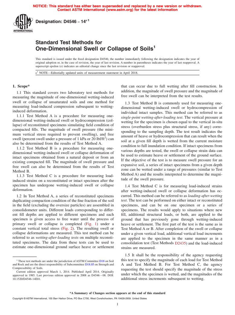 ASTM D4546-14e1 - Standard Test Methods for  One-Dimensional Swell or Collapse of Soils