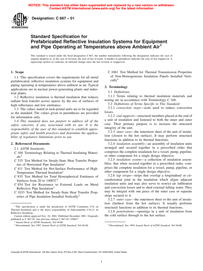 ASTM C667-01 - Standard Specification for Prefabricated Reflective Insulation Systems for Equipment and Pipe Operating at Temperatures above Ambient Air