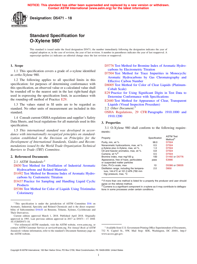 ASTM D5471-18 - Standard Specification for O-Xylene 980