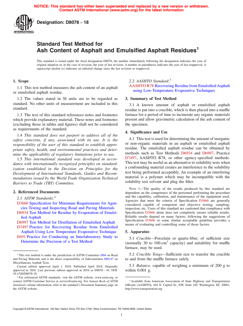 ASTM D8078-18 - Standard Test Method for Ash Content of Asphalt and Emulsified Asphalt Residues