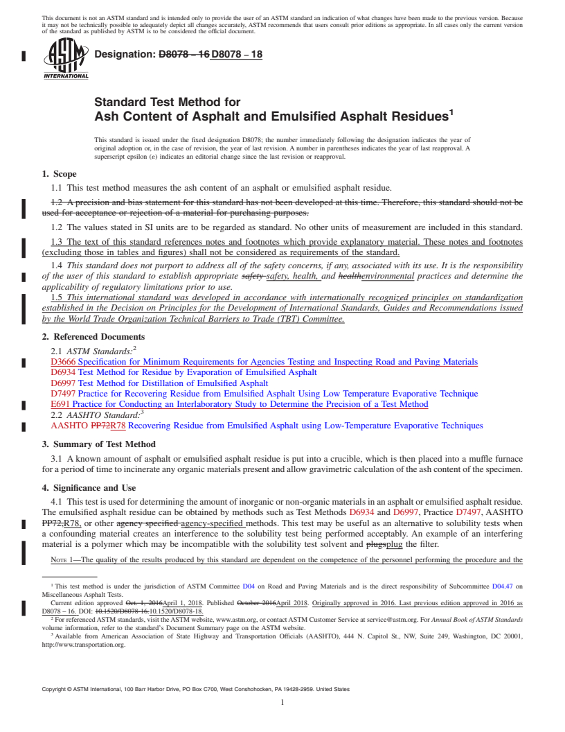 REDLINE ASTM D8078-18 - Standard Test Method for Ash Content of Asphalt and Emulsified Asphalt Residues