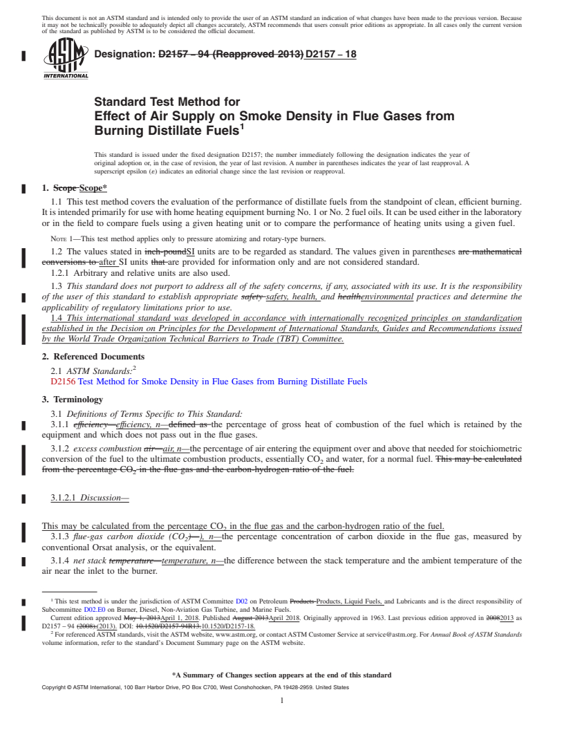 REDLINE ASTM D2157-18 - Standard Test Method for  Effect of Air Supply on Smoke Density in Flue Gases from Burning  Distillate Fuels