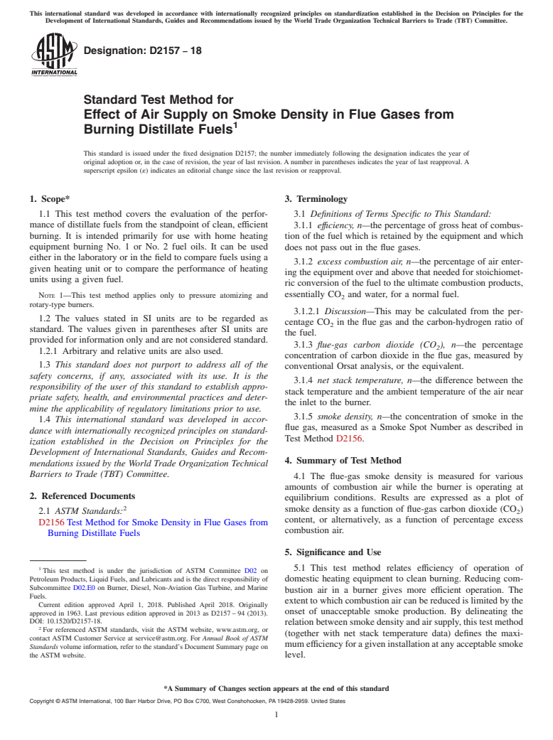 ASTM D2157-18 - Standard Test Method for  Effect of Air Supply on Smoke Density in Flue Gases from Burning  Distillate Fuels