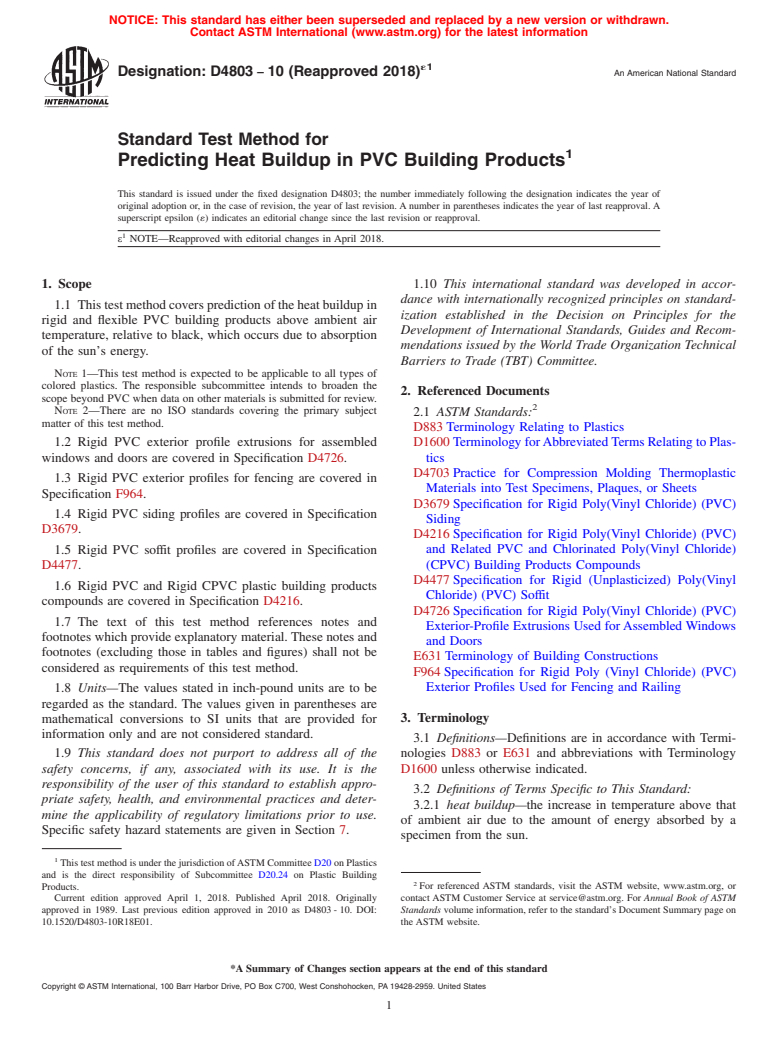 ASTM D4803-10(2018)e1 - Standard Test Method for  Predicting Heat Buildup in PVC Building Products