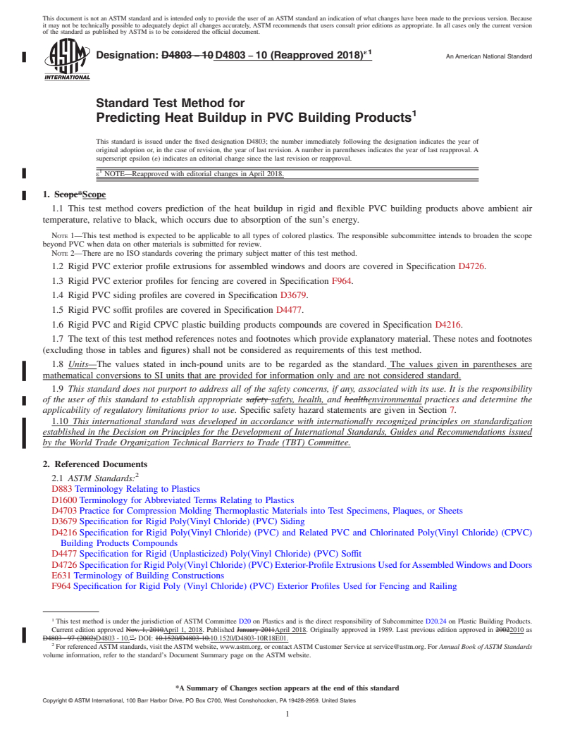 REDLINE ASTM D4803-10(2018)e1 - Standard Test Method for  Predicting Heat Buildup in PVC Building Products