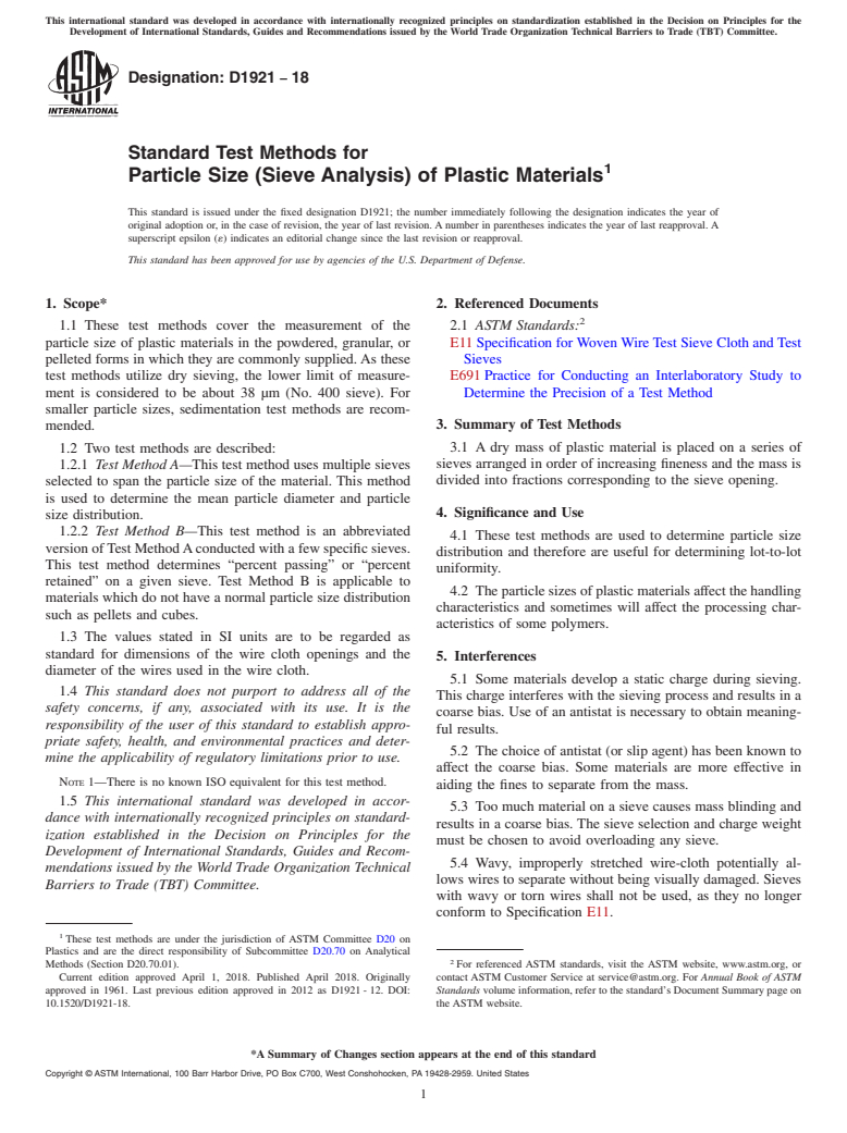 ASTM D1921-18 - Standard Test Methods for Particle Size (Sieve Analysis) of Plastic Materials