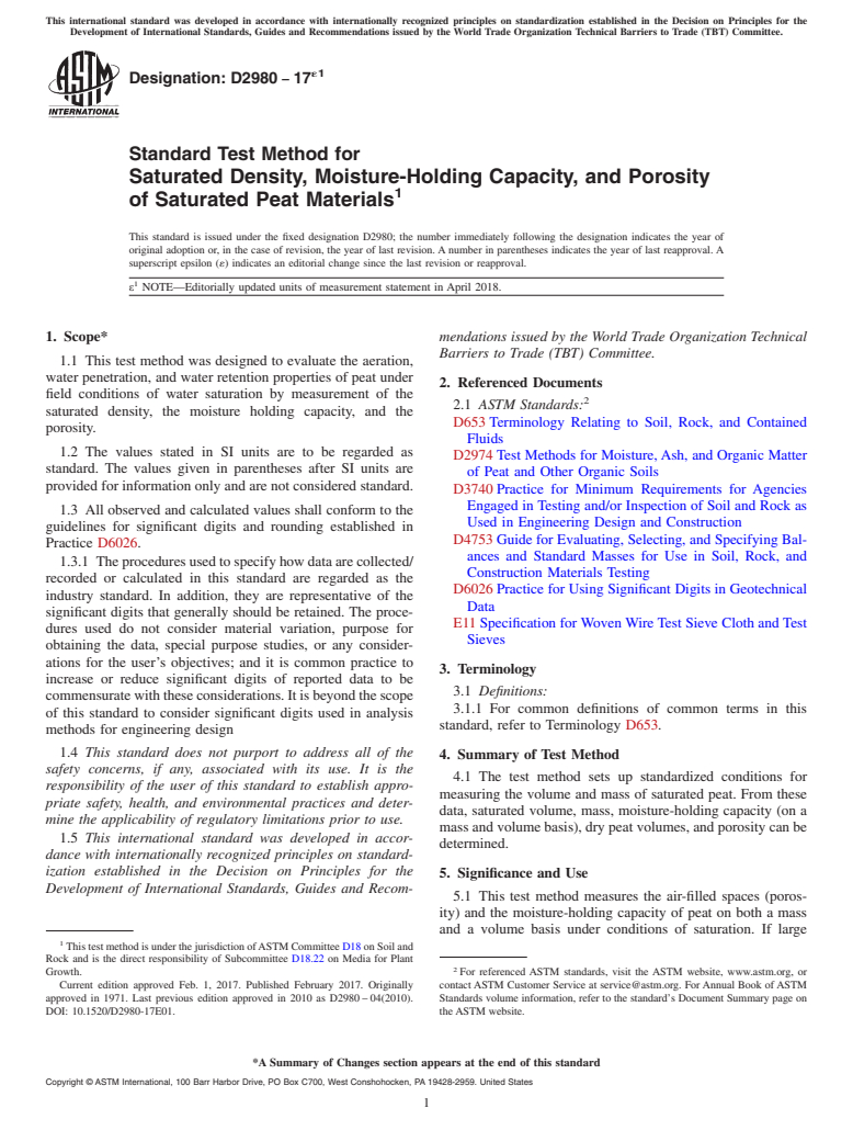 ASTM D2980-17e1 - Standard Test Method for  Saturated Density, Moisture-Holding Capacity, and Porosity  of Saturated Peat Materials
