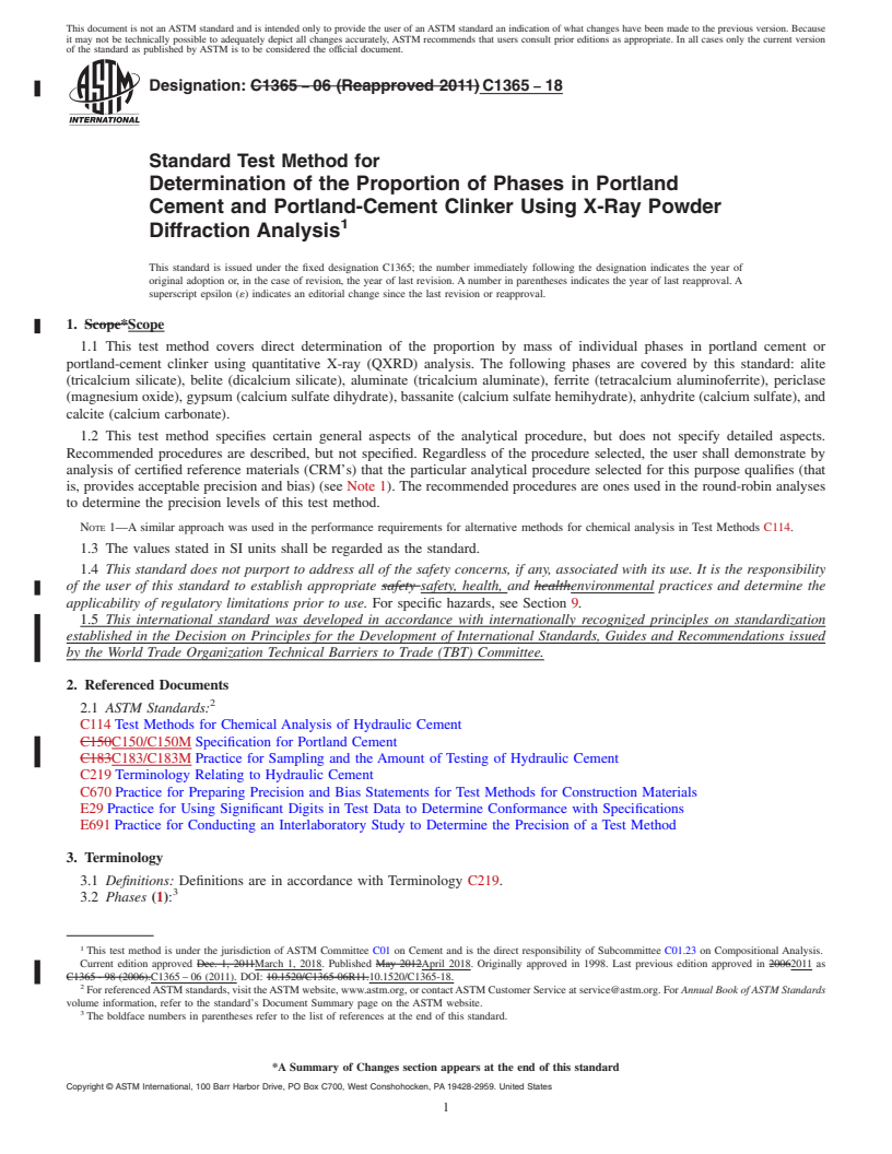 REDLINE ASTM C1365-18 - Standard Test Method for  Determination of the Proportion of Phases in Portland Cement and Portland-Cement Clinker Using X-Ray Powder Diffraction Analysis