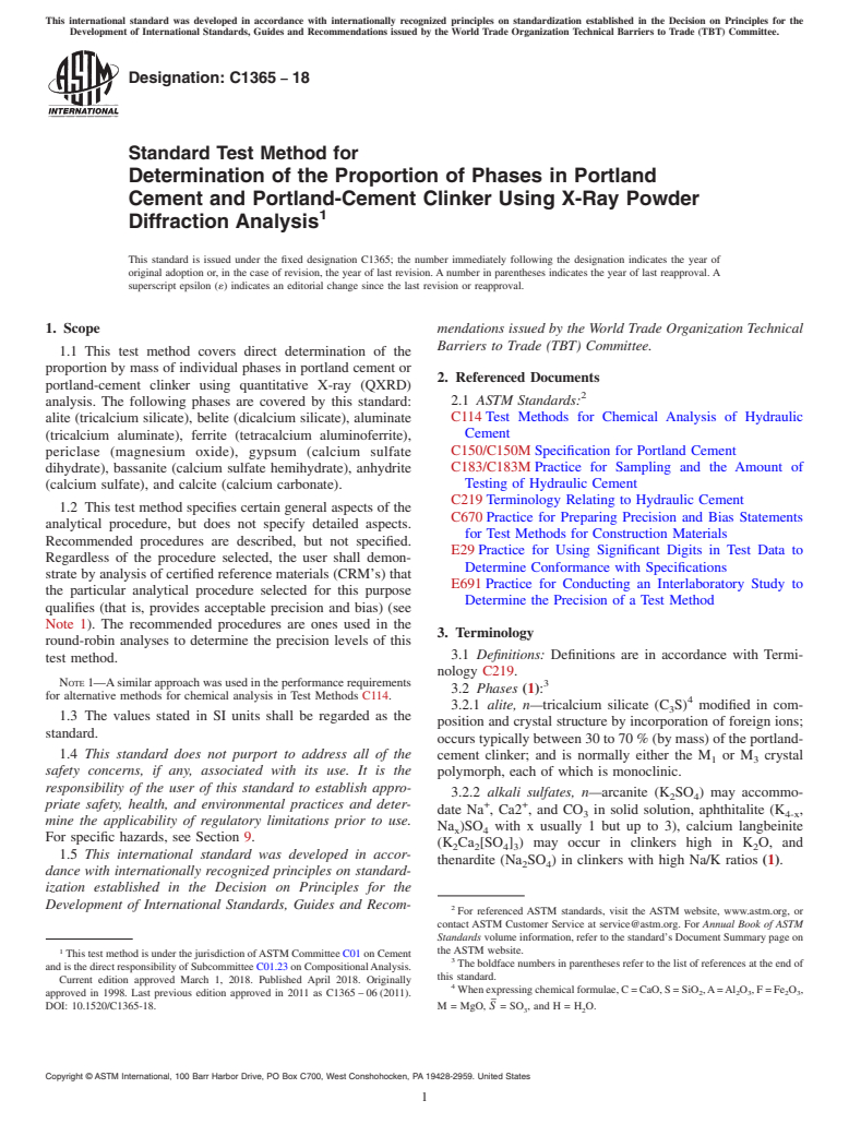 ASTM C1365-18 - Standard Test Method for  Determination of the Proportion of Phases in Portland Cement and Portland-Cement Clinker Using X-Ray Powder Diffraction Analysis