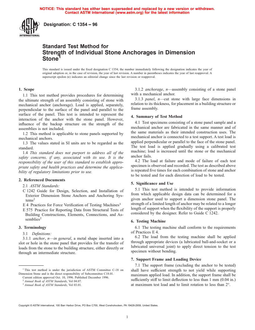 ASTM C1354-96 - Standard Test Method for Strength of Individual Stone Anchorages in Dimension Stone