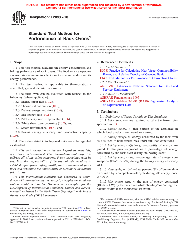 ASTM F2093-18 - Standard Test Method for  Performance of Rack Ovens