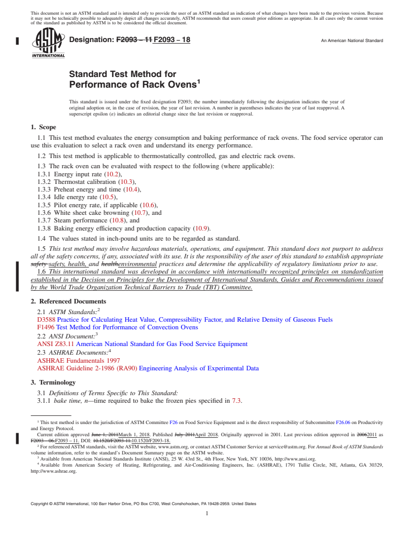 REDLINE ASTM F2093-18 - Standard Test Method for  Performance of Rack Ovens