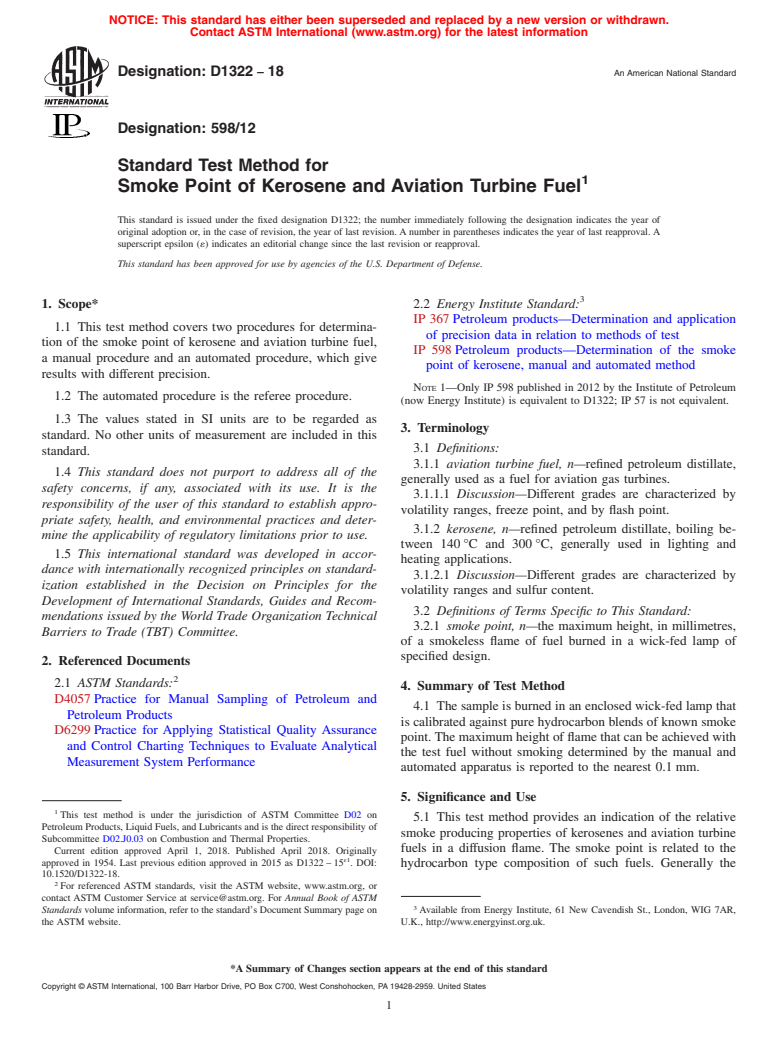 ASTM D1322-18 - Standard Test Method for Smoke Point of Kerosene and Aviation Turbine Fuel