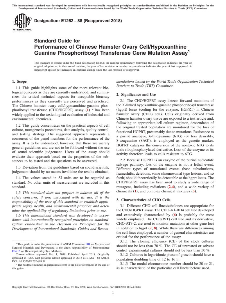 ASTM E1262-88(2018) - Standard Guide for  Performance of Chinese Hamster Ovary Cell/Hypoxanthine Guanine  Phosphoribosyl Transferase Gene Mutation Assay