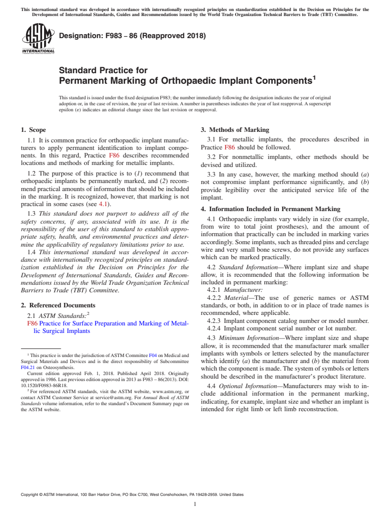 ASTM F983-86(2018) - Standard Practice for  Permanent Marking of Orthopaedic Implant Components