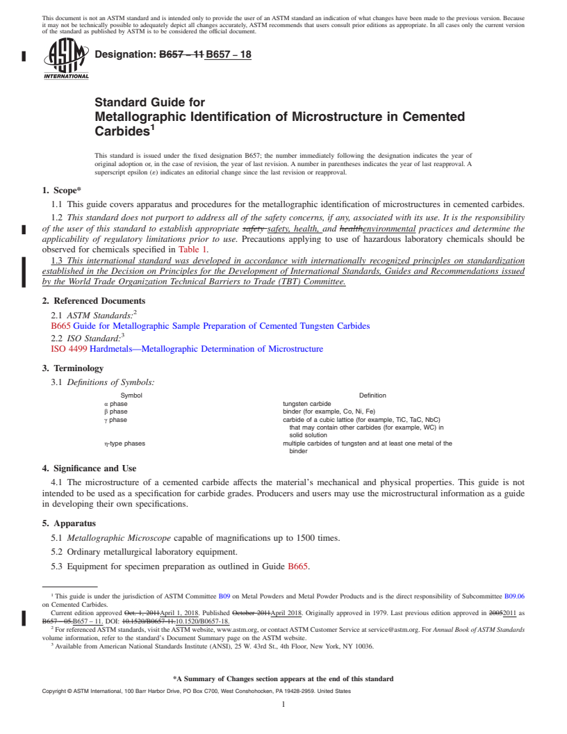 REDLINE ASTM B657-18 - Standard Guide for  Metallographic Identification of Microstructure in Cemented   Carbides