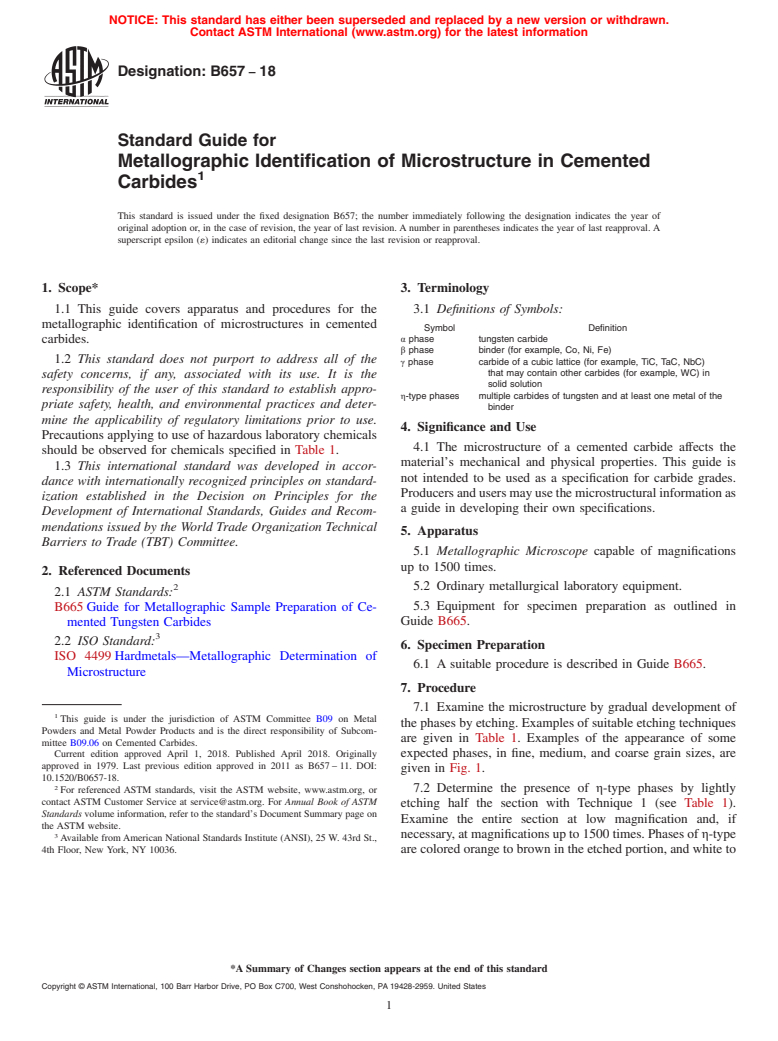 ASTM B657-18 - Standard Guide for  Metallographic Identification of Microstructure in Cemented   Carbides