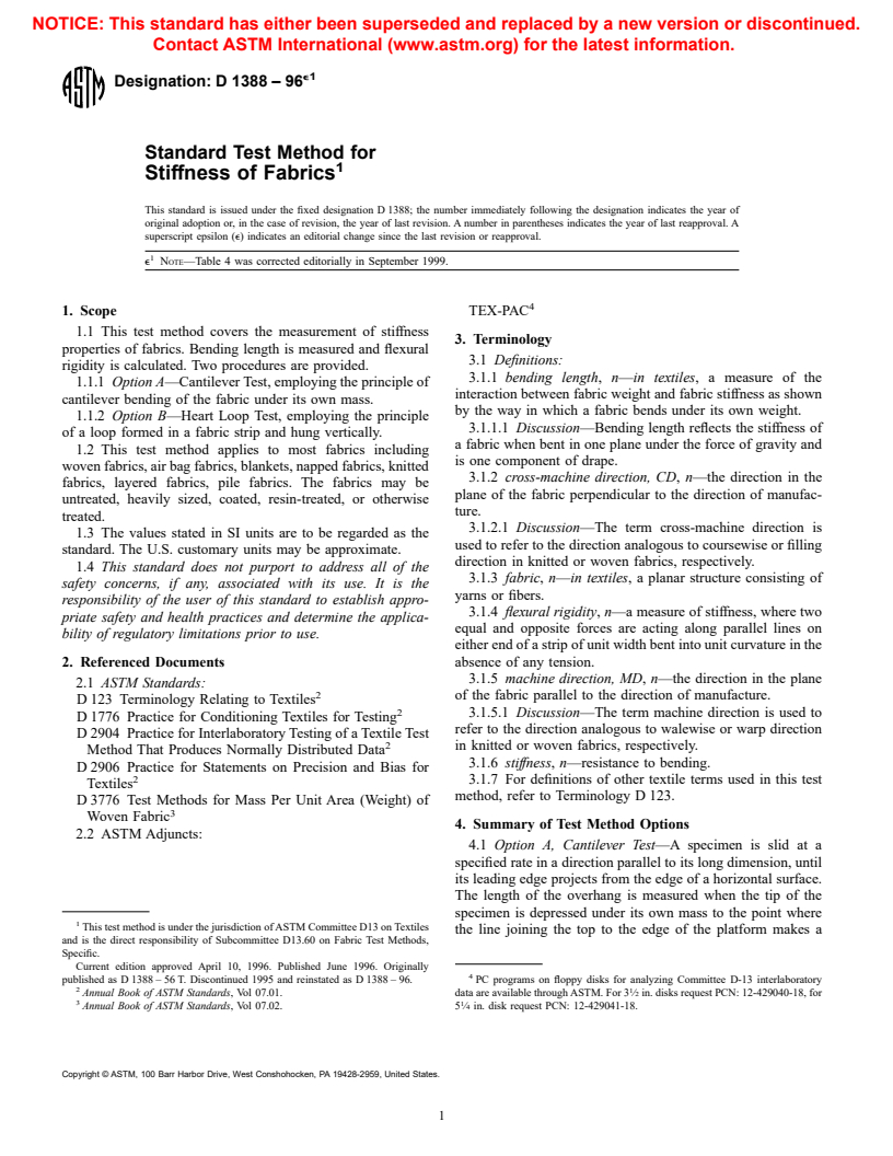 ASTM D1388-96e1 - Standard Test Method for Stiffness of Fabrics