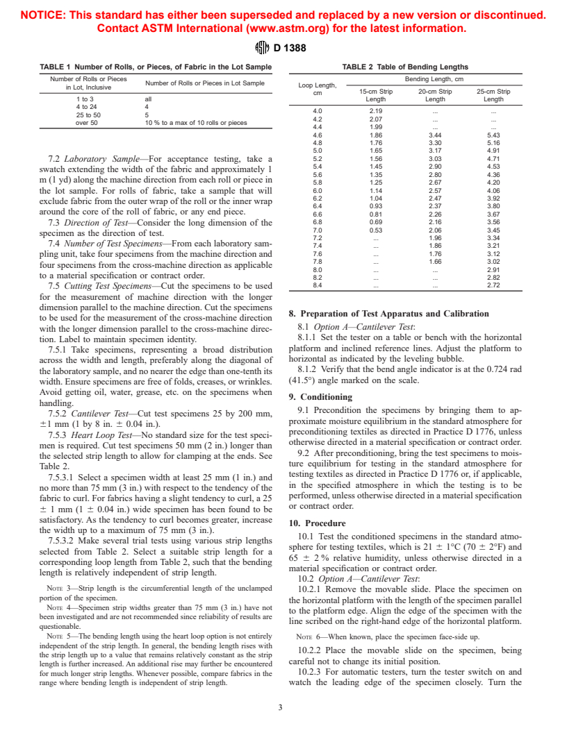 ASTM D1388-96e1 - Standard Test Method for Stiffness of Fabrics