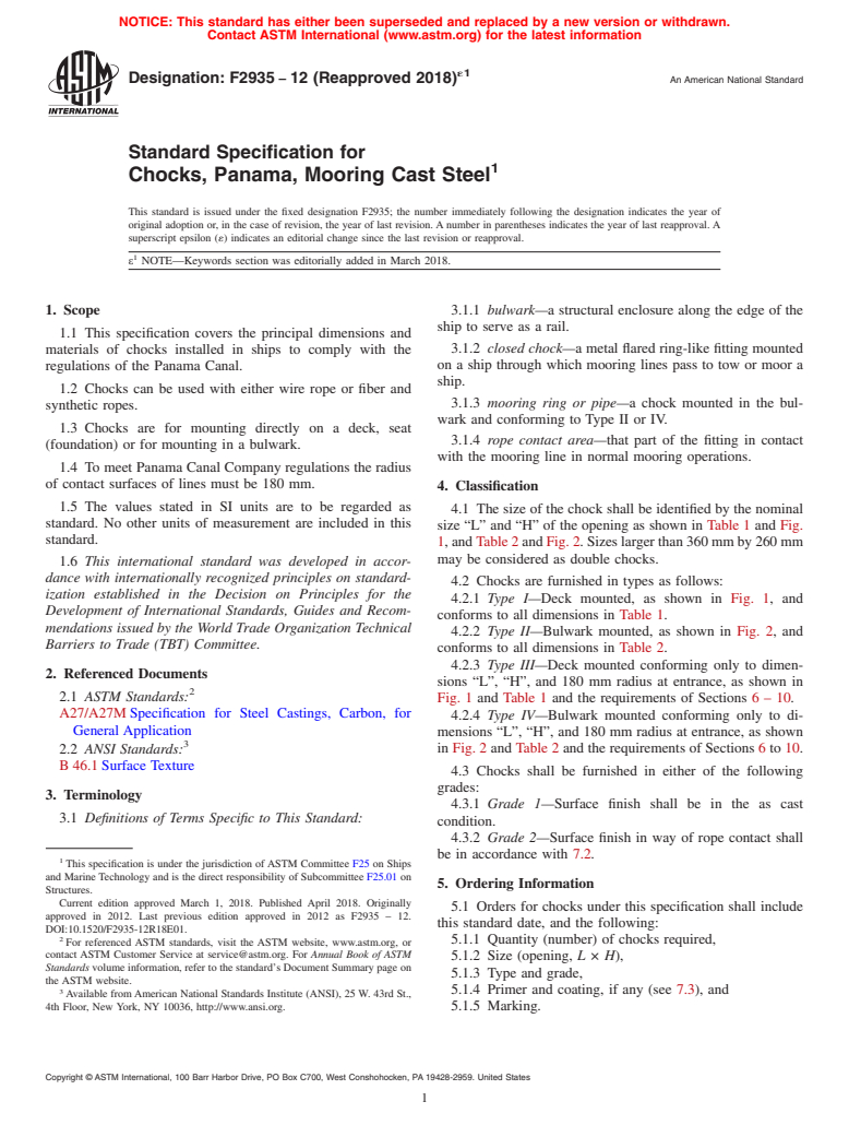 ASTM F2935-12(2018)e1 - Standard Specification for  Chocks, Panama, Mooring Cast Steel