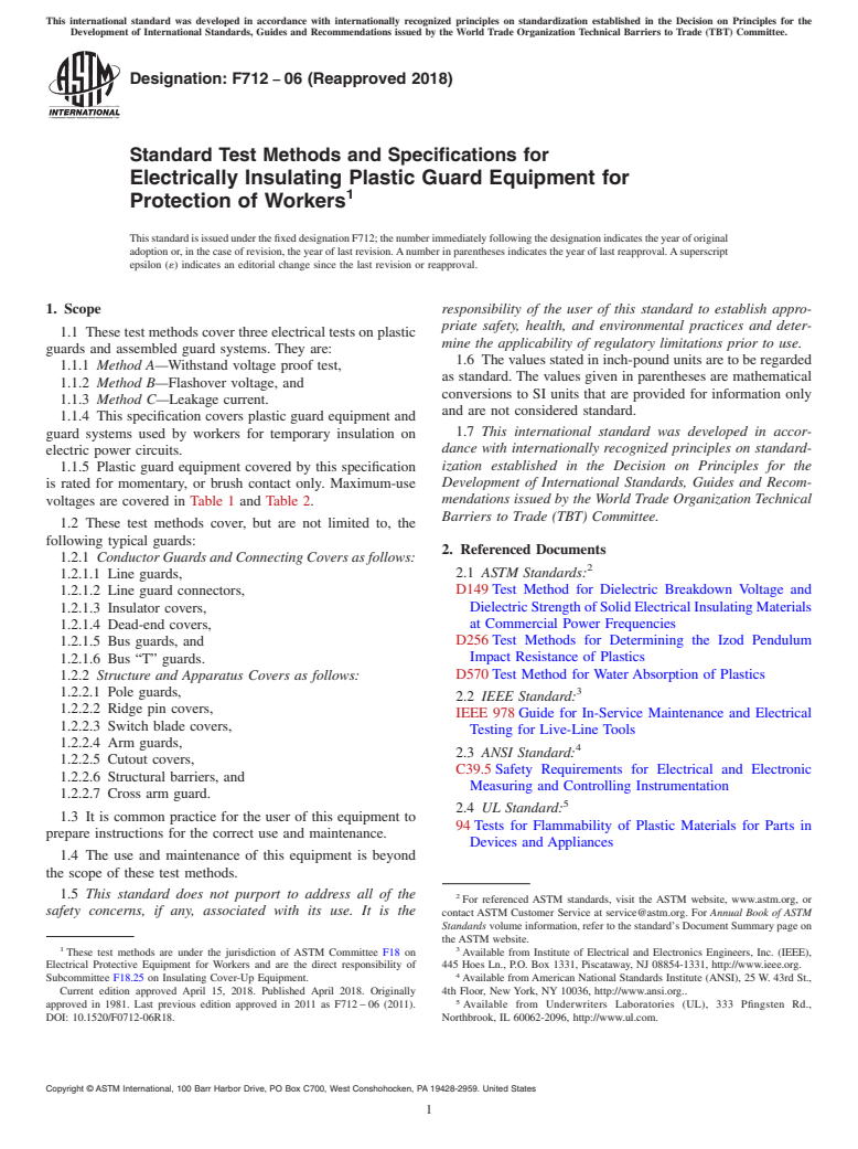 ASTM F712-06(2018) - Standard Test Methods and Specifications for  Electrically Insulating Plastic Guard Equipment for Protection   of Workers