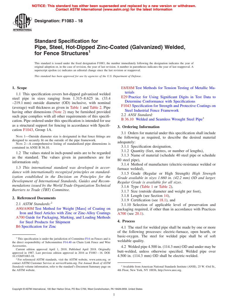 ASTM F1083-18 - Standard Specification for Pipe, Steel, Hot-Dipped Zinc ...