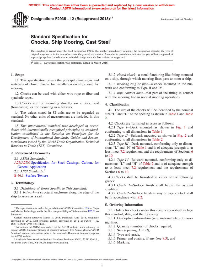 ASTM F2936-12(2018)e1 - Standard Specification for  Chocks, Ship Mooring, Cast Steel