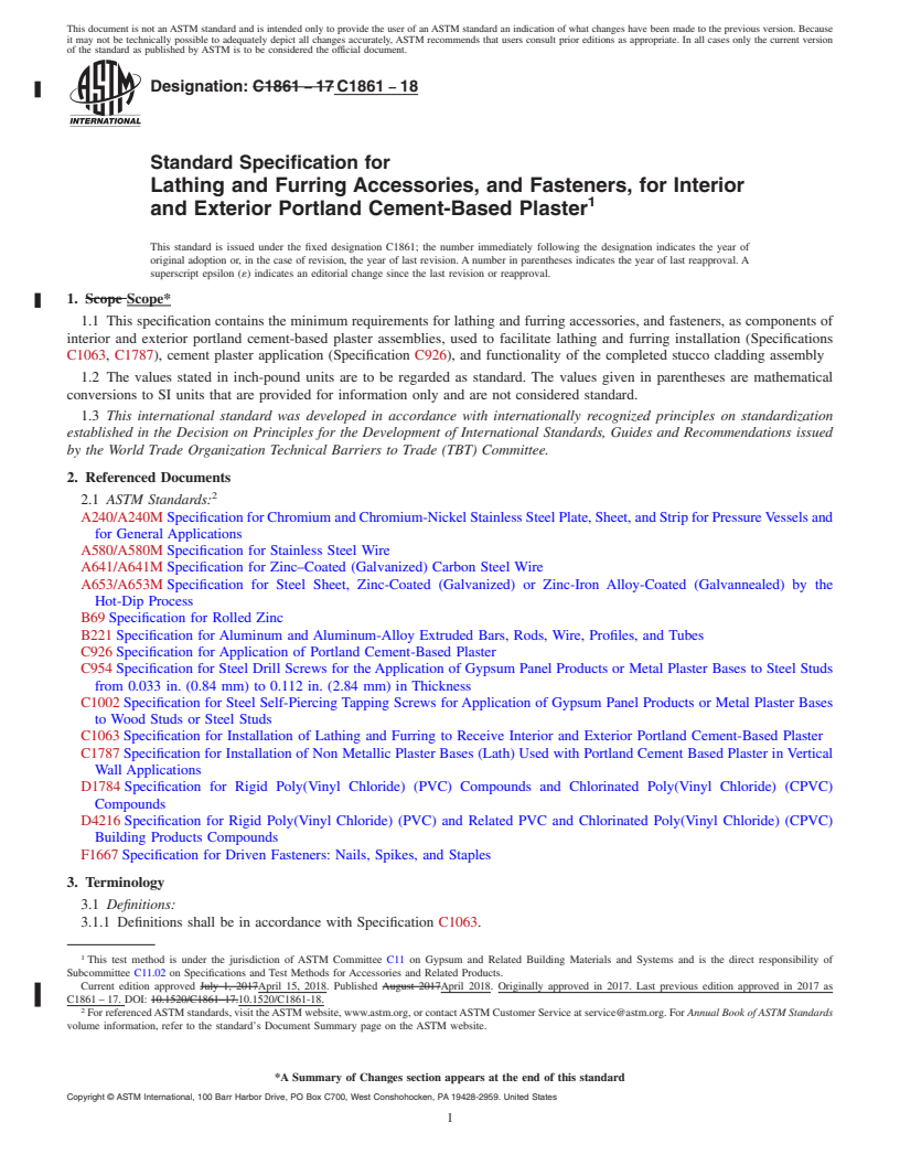 REDLINE ASTM C1861-18 - Standard Specification for Lathing and Furring Accessories, and Fasteners, for Interior  and Exterior Portland Cement-Based Plaster