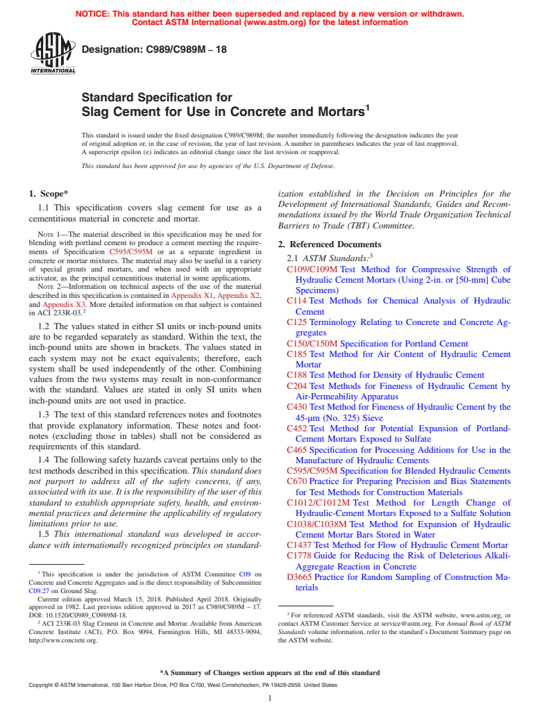 ASTM C989/C989M-18 - Standard Specification for  Slag Cement for Use in Concrete and Mortars