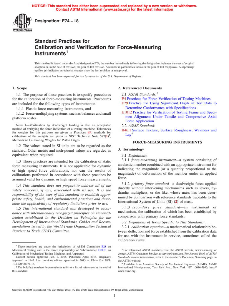 ASTM E74-18 - Standard Practices for Calibration and Verification for Force-Measuring Instruments