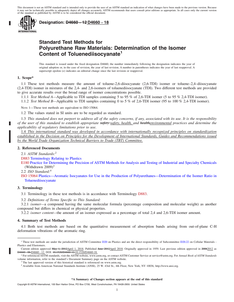 REDLINE ASTM D4660-18 - Standard Test Methods for  Polyurethane Raw Materials: Determination of the Isomer Content  of Toluenediisocyanate