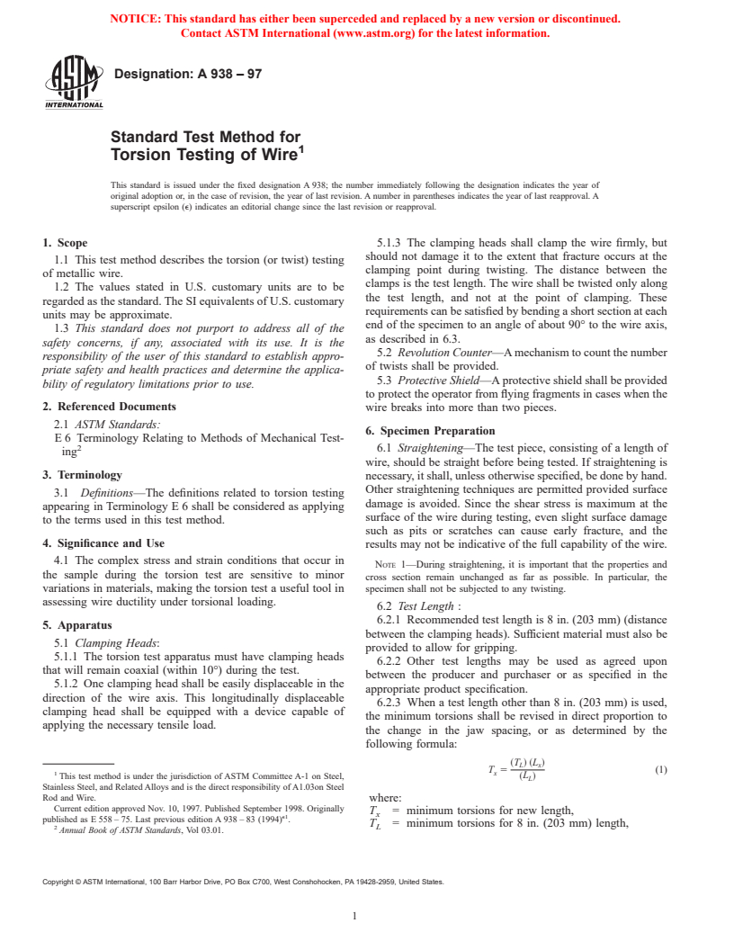 ASTM A938-97 - Standard Test Method for Torsion Testing of Wire