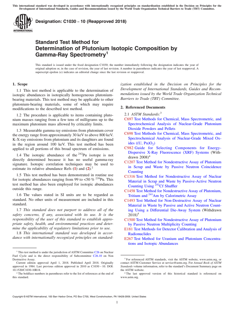 ASTM C1030-10(2018) - Standard Test Method for  Determination of Plutonium Isotopic Composition by Gamma-Ray  Spectrometry